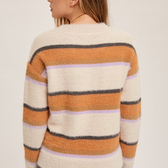 HEM & THREAD Cozy Fuzzy Striped Crewneck Sweater, Cream Tan Lavender Grey - Picture 3 of 7